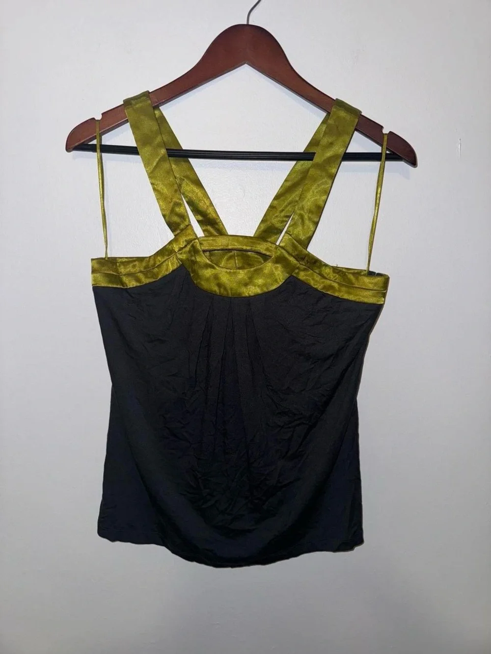 Vintage Y2K Colorblock Halter Top Olive Green & grey Satin Accent M